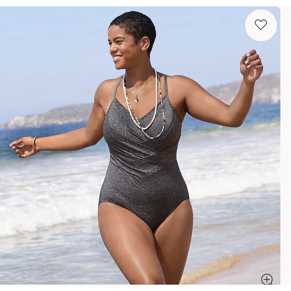 Lands' End Women's Slender Shine X-Back One Piece Swimsuit Black 16W Fits 12!